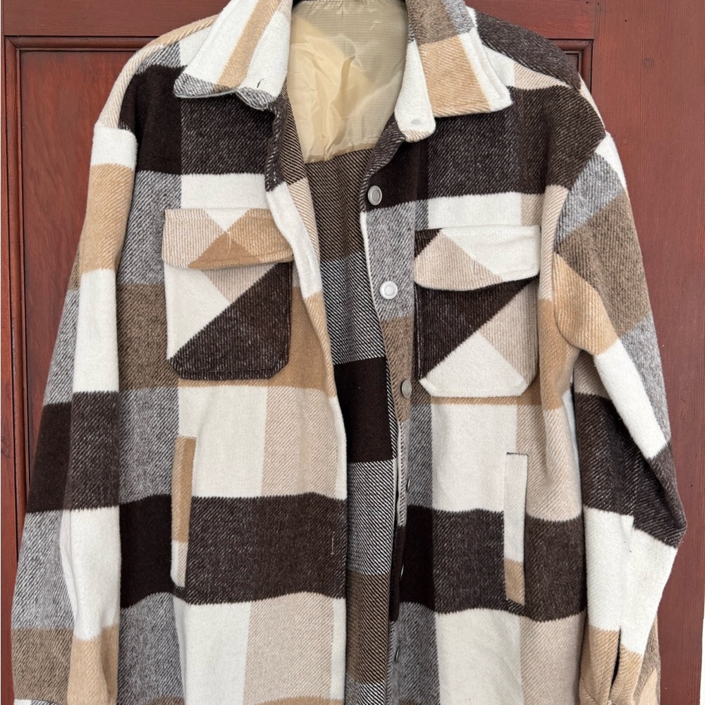 Amazon Women's Plaid flannel shirt Jacket - Brown, Tan, Cream